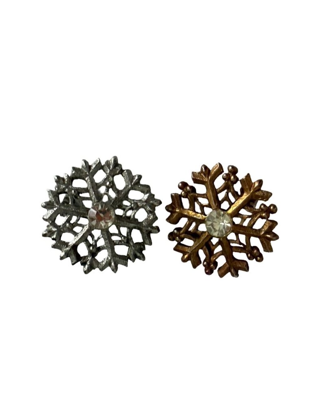 Vintage Snowflake Rhinestone Brooch Lot of 2 Silver Tone Gold Tone Winter Pins